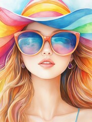 Vibrant Portrait of a Stylish Woman in a Colorful Hat and Oversized Sunglasses