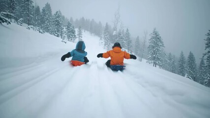 Two kids sledding down snowy hill in winter landscape - Powered by Adobe