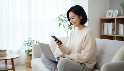 自宅のソファでスマホとPCを使う女性