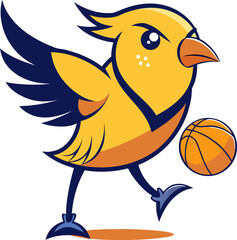 Cartoon bird dribbling a basketball with determination and athletic prowess shown