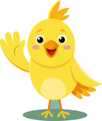 Cheerful yellow chick waving its wing standing on a green patch of grass happily