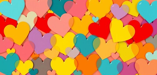 Abstract heart shapes, varying sizes and colors, forming a dynamic pattern,  white,  minimal