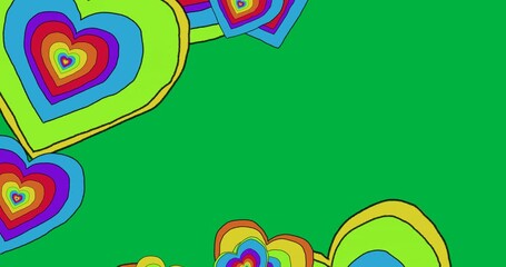 Animation of multiple rainbow pride hearts moving on seamless loop over transparent background - Powered by Adobe