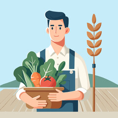 Smiling Farmer Holding Vegetables in Brown Pot with Wheat Stalk Illustration