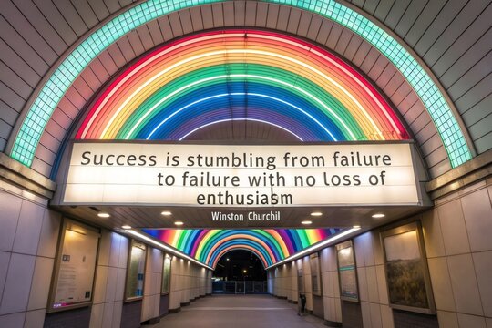 A tunnel with glowing rainbow arches and motivational quote