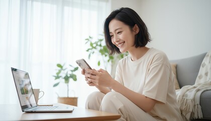 自宅でネットショッピングを楽しむ笑顔の女性