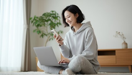 自宅で寛ぎながらスマホを操作するパーカーの女性