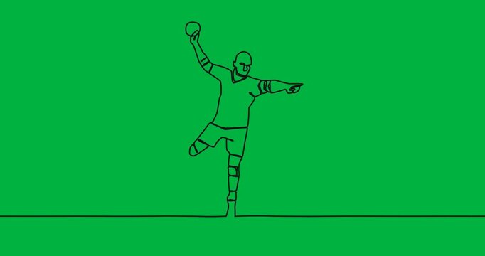 Animation of drawing of male handball player with ball on transparent background