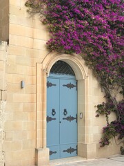 Portone azzurro con bouganvillae