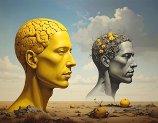 Two heads, one golden, one gray, in a barren landscape under a light sky