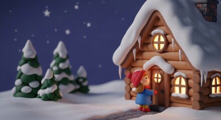 Naklejka premium A girl in a red coat is standing in front of a house