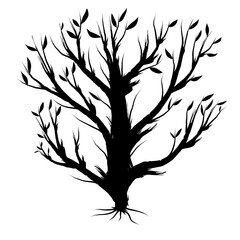 Vector illustration of a black tree silhouette with branches and young leaves. Minimalist nature design symbolizing growth, life, ecology, and sustainability. Perfect for logos, posters, eco projects.