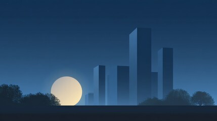 Night scene depicts several buildings trees and a large moon with a dark blue sky