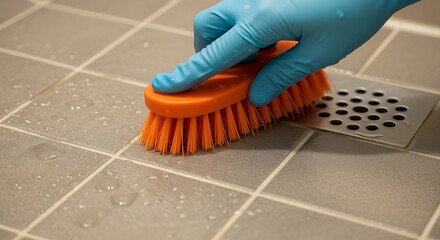 Orange brush cleaning tiled floor blue glove scrubbing