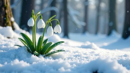 Delicate Snowdrop Blooms Emerging from Winter's Embrace in a Peaceful Woodland Setting