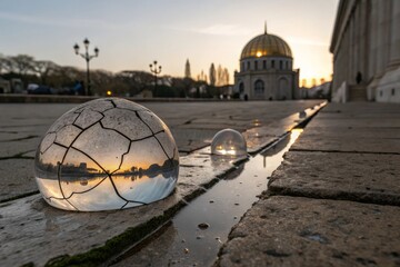 Naklejka premium Cracked dome reflecting cityscape beside intact glowing dome