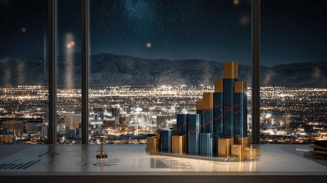 Night City Skyline Viewed From High Rise With Abstract Data Chart