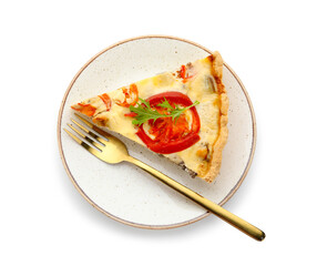 Plate with piece of delicious tomato tart on white background