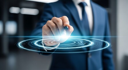 Man in suit interacts with glowing digital interface