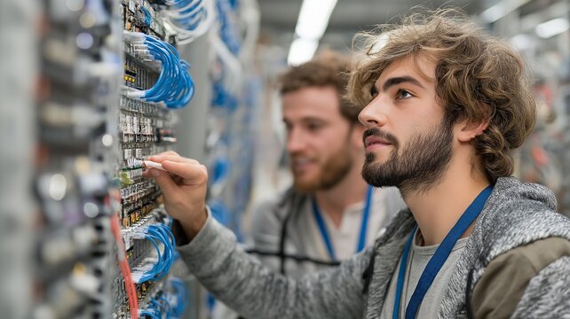 Network engineers in the server room