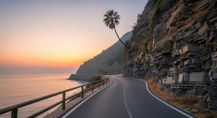 Scenic coastal path at sunset with ocean views and cliffside buildings