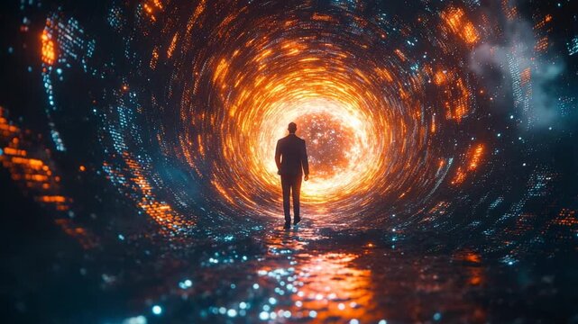 A Lone Figure Enters a Fiery Interdimensional Gateway.