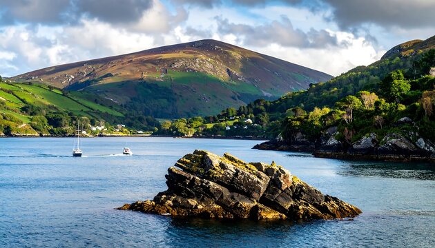 A rocky islet in a bay with lush green hills