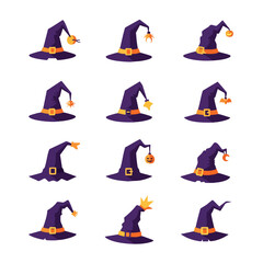 Twelve purple witch hats with orange details arranged in a grid on a white background