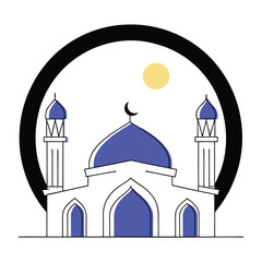 Stylized illustration of a mosque with a blue dome and minarets set within a black circle under a yellow sun and crescent moon