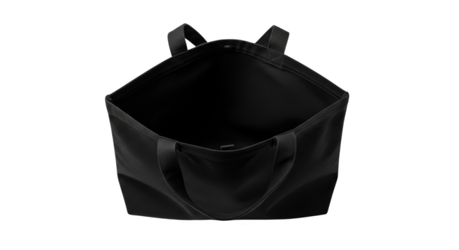 Open black fabric tote bag isolated on white background featuring bag, tote, shopper, handbag, carrier high