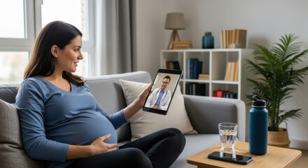 Pregnant woman video calls family sharing joyful anticipation of new baby arrival