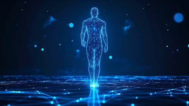 A glowing blue digital human figure walks on a network grid in a futuristic virtual environment