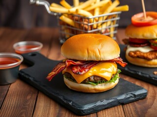 Delicious bacon cheeseburger with crispy fries and ketchup on a wooden table