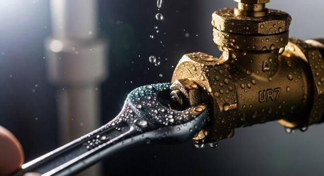 Plumber repairing a brass water pipe with a wrench. Troubleshooting leaky faucets and pipeline damage. Concept of home maintenance and plumbing service.