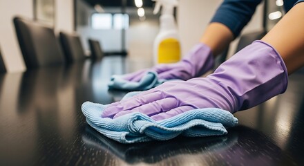 Hands cleaning dark table with blue cloth wiping