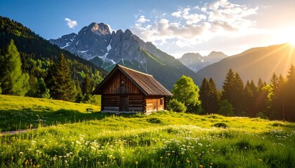 A serene meadow with a wooden cabin and mountains!