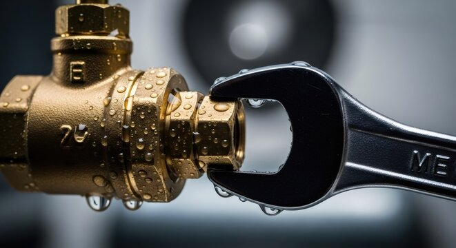 Wrench tightening a brass pipe fitting with visible water drops. Plumbing repair and installation concept. Industrial maintenance work.