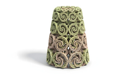 A stunning tower of spiraled, green and brown patterned confections, stacked in a geometric arrangement, showcases the harmony of flavor, texture, and visual artistry in a modern dessert sculpture.

