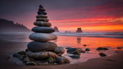 Coastal Sunset Stacked Stones Beach Scene