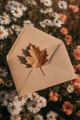 Autumnal Envelope With Dried Leaf In Garden