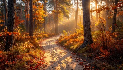 Sunlit Forest Path with Autumn Foliage and Golden Light Rays Scenery Tranquil Woodland Trail in Warm Tones Woodland Ambiance Outdoor Nature with Trees and Leaves