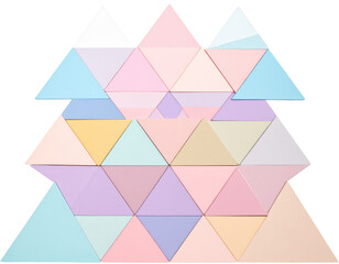 Abstract geometric composition showcasing a collection of pastel colored triangular shapes, arranged in a visually appealing pattern against a stark black backdrop.