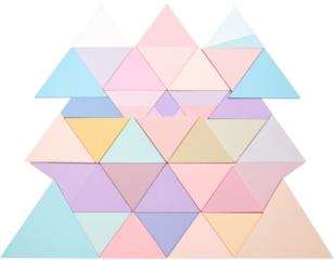 Abstract geometric composition showcasing a collection of pastel colored triangular shapes, arranged in a visually appealing pattern against a stark black backdrop.