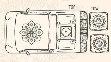 Top view of a decorated car with floral patterns and two decorated towing squares in line art style