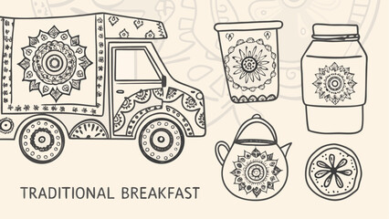 Ornate truck with coffee cup jar teapot and sliced fruit in a hand drawn style illustration art