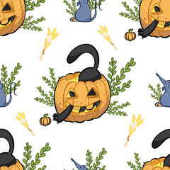 Pattern with a black cat in a pumpkin, branches, mice