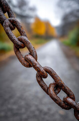 A close-up of a weathered, rusty chain with interlocking links, hanging against a blurred background of an autumn path lined with colorful trees.