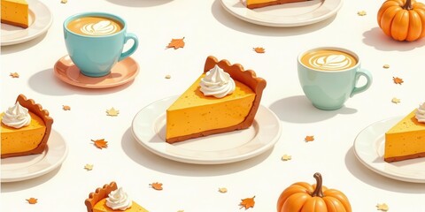 Autumnal Delight Pumpkin Pie, Whipped Cream, and Latte Art on a Sunny Day