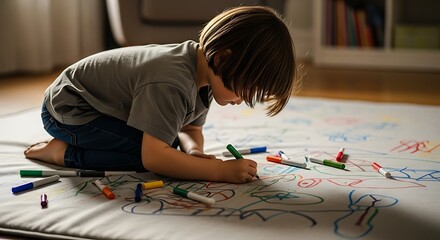 Focused young child drawing with colorful markers on large paper on the floor at home