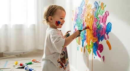 Happy toddler painting colorful abstract art on a white wall with a paintbrush, expressing creativity.